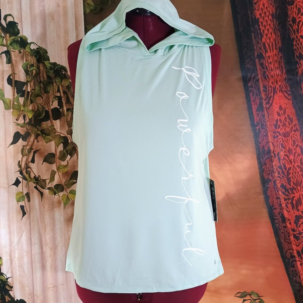 NWT Cali Sport XL Mint Green Powerful Graphic Sleeveless Workout Hoodie Tank